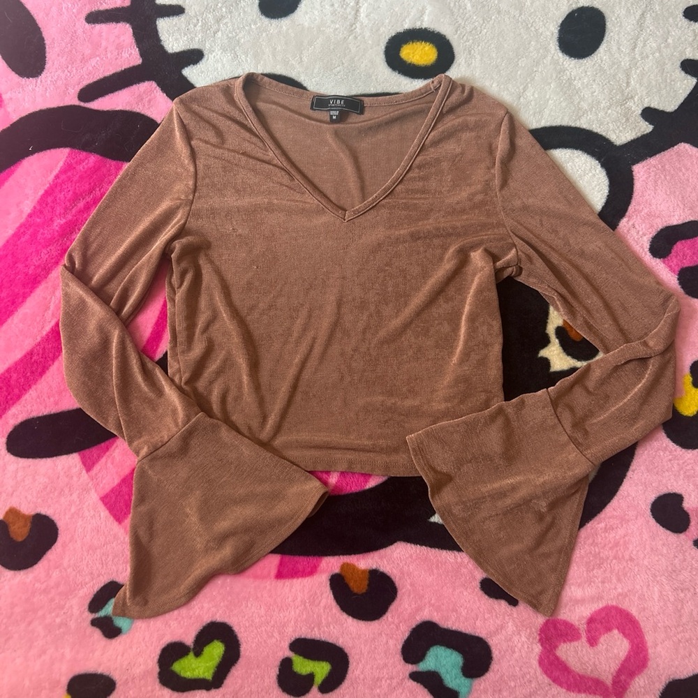 Brown Bell-Sleeve Blouse